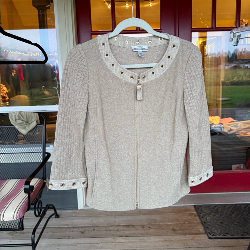 Beige Zip-Up Jacket with Gold Accents & matching pants